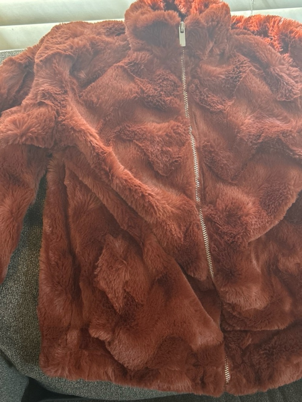 Plush Faux Fur Bomber Jacket - Rust Brown - Picture 3 of 7